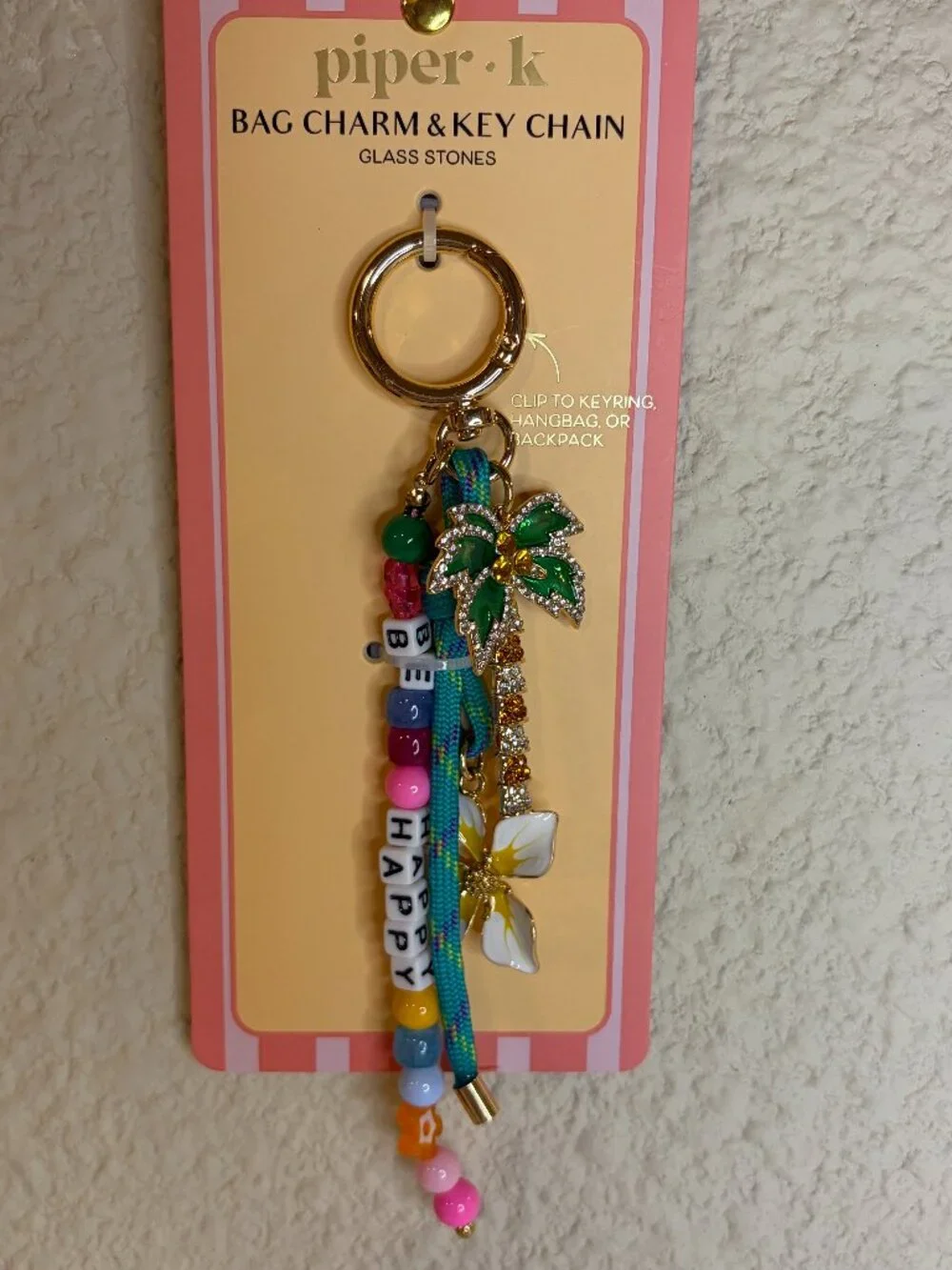 Piper K Tropical Palm Tree Be Happy Bag Charm Keychain NWT